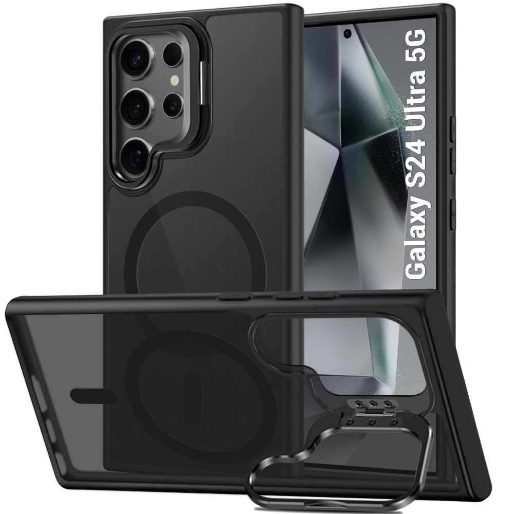 TheGiftKart Hybrid ShockProof Back Cover Case for Samsung Galaxy S24 Ultra 5G | Hard Case for Samsung S24 Ultra(PC & TPU, MagSafe Compatible, Built-In Stand, Translucent Smoke Matte Back, Black Sides)