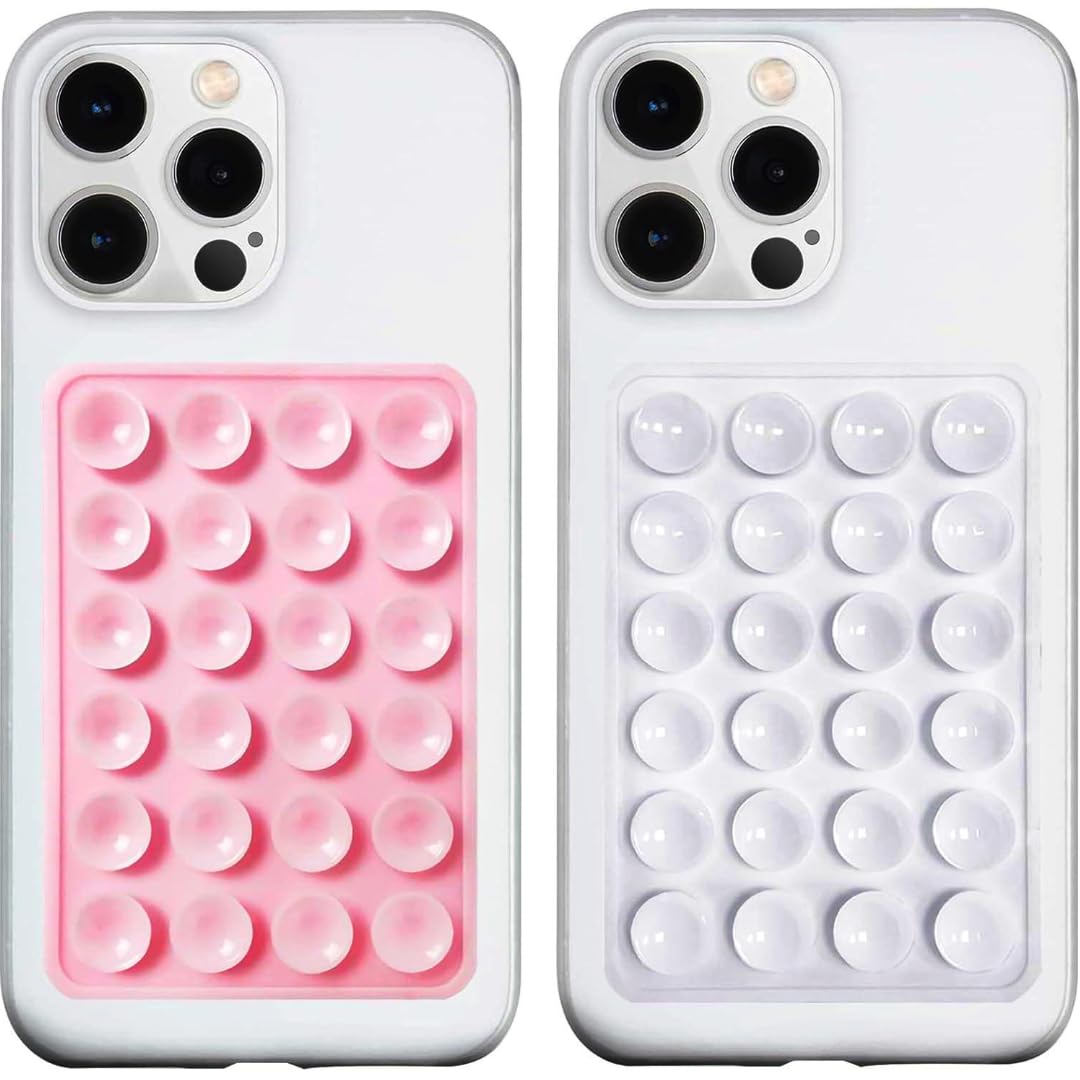 Meyaar 2 Pack Silicone Suction Phone Case Mount, Silicon Adhesive Phone Grip for Smartphones, Hands-Free Mirror Shower Phone Holder for Selfies, Reels (Pink + White)
