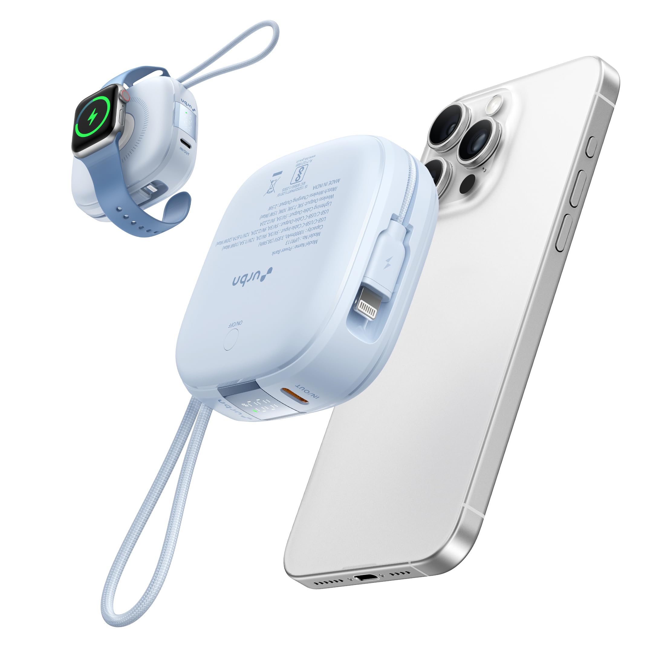 URBN 10000mAh Atom Link 5-in-1 Magsafe Power Bank | Built-in USB Type-C Input & Lightning Cable | 15W Fast Wireless & 20W Wired Charging|Compatible with Apple Watch|Strong Magnetic Hold (Light Blue)