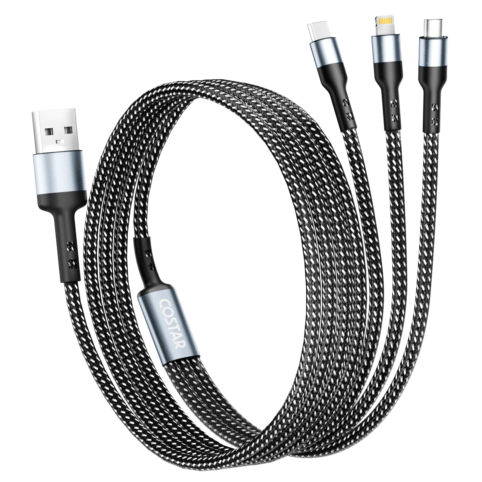 COSTAR 60W 3-in-1 Multi Fast Charging Cable – 3A Nylon Braided 1.5M Cable with Lightning, Type-C & Micro USB for iPhone, iPad, Samsung, OnePlus, Xiaomi, Oppo, Vivo, Android & Car Charging (Black)