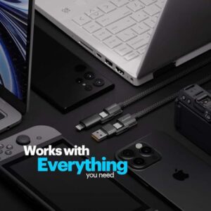 Stuffcool Quad Pro Black 4 in 1 Metal Braided Cable 1.5m 100W Rugged E-Marker chip, case friendly design with lightning to type C, type C to C, Lighting to type A best for iPhones, Macbooks,Laptops