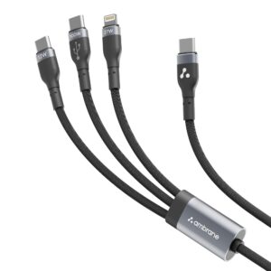 Ambrane 3 in 1 100W Fast Charging Cable, 3Amp Multi Charger Cable for Micro USB, iOS and Type-C Devices, 480 Mbps Data Transfer Rate for Mobile Tablet PC Laptop Android Smartphone with 1.2meter cable