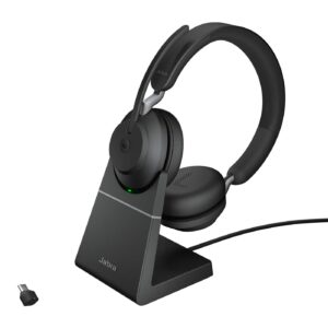 Jabra Evolve2 65 Wireless PC Headset with Charging Stand - Noise Cancelling Microsoft Teams Certified Stereo Headphones with Long-Lasting Battery - USB-C Bluetooth Adapter - Black